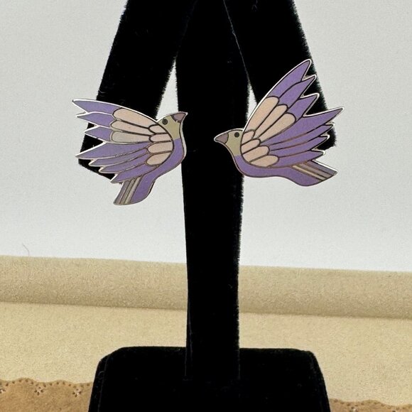 Vintage LAUREL BURCH Earrings Celeste Birds Post Earrings Silver Lavender Cream - Picture 2 of 5